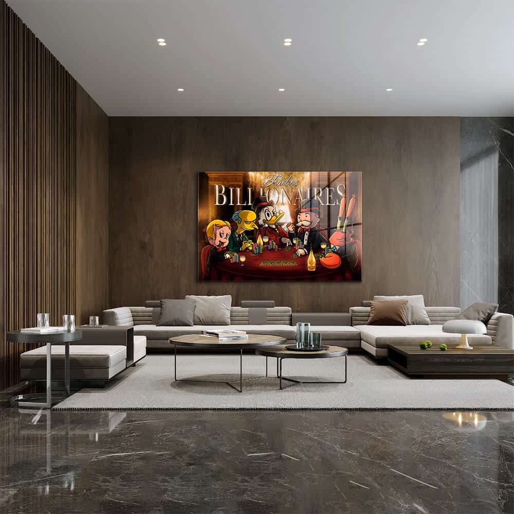 Modern luxe interieur met een designschilderij van rijke stripfiguren in een hype art-stijl
